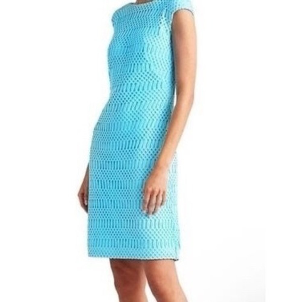LAUREN RALPH LAUREN BLACK LABEL Sleeveless Blue Crochet Lattice Shift Dress 20W